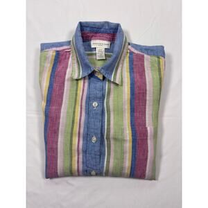 Jones New York Sport Striped 100% Linen Button Down Shirt Size M